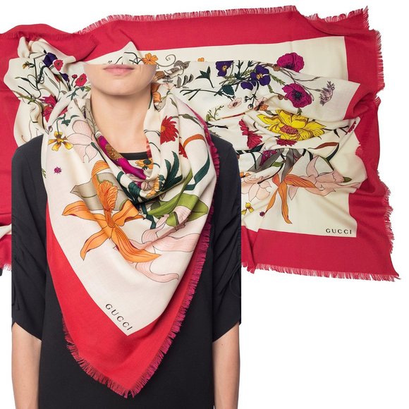 Gucci Accessories - GUCCI SCARF MISS FLORA PRINT SHAWL WOOL SILK PINK BORDER SQUARE sz 55"